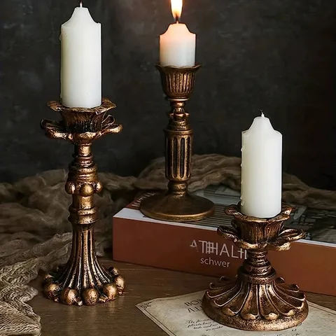 Candelabro Vintage Francés de Resina con Efecto Envejecido Forma de Flor para Cena a la Luz de las Velas Soporte de Vela Bronce Antiguo Decoración