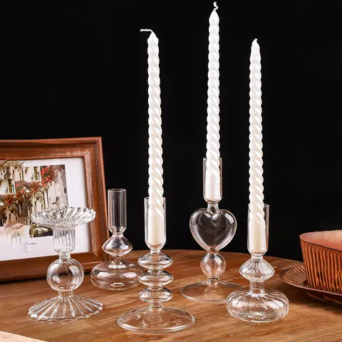 Portacandele Moderno in Vetro Trasparente Geometrico Soffiato Decorativo a Coste per Matrimonio Casa Soggiorno Ufficio