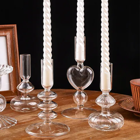 Portacandele Moderno in Vetro Trasparente Geometrico Soffiato Decorativo a Coste per Matrimonio Casa Soggiorno Ufficio