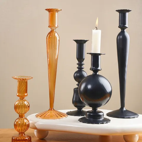 Modern Minimalist Striped Glass Candle Holder Amber Black Long Pole Taper Candlestick For Wedding Engagement Holiday Table Decor Ornament