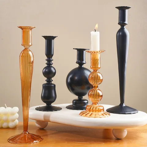 Modern Minimalist Striped Glass Candle Holder Amber Black Long Pole Taper Candlestick For Wedding Engagement Holiday Table Decor Ornament