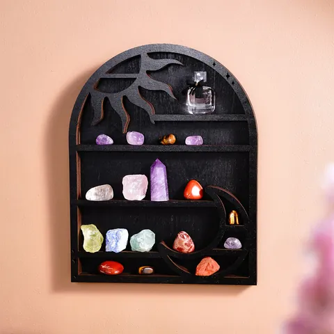 Gothic Wooden Wall Floating Shelf For Crystals Moon Sun Cathedral Window Display Shelf Bohemian Stones Storage Home Decor