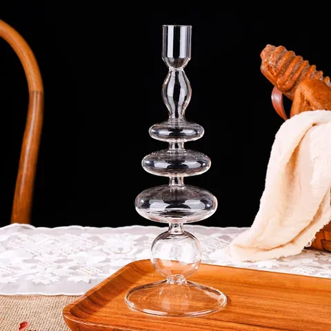 Candeliere in Vetro Trasparente Minimalista Nordico Portacandele a Sfera Impilata Geometrica per Matrimonio Festa Casa