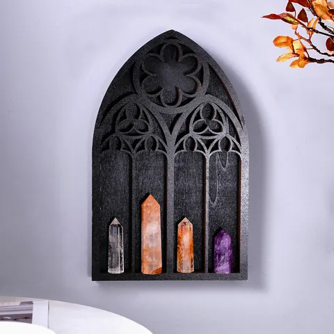 Gothic Wooden Wall Floating Shelf For Crystals Moon Sun Cathedral Window Display Shelf Bohemian Stones Storage Home Decor