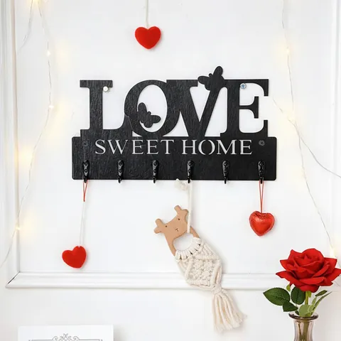 Kreativer Wand-Schlüsselhalter aus Holz Love Sweet Home Hakenleiste Dekorativer Kleiderbügel Für Taschen Handtücher Minimalistischer Flur-Organizer
