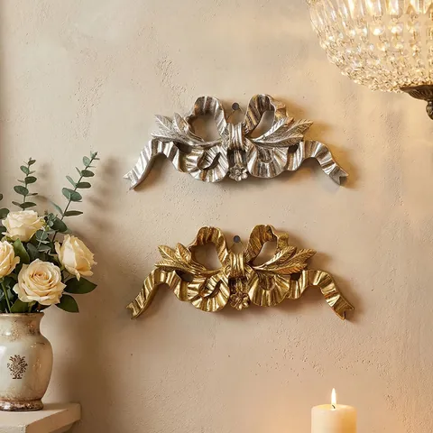 Nordic Vintage Gold Silver Ribbon Bow Wall Hanging Decor Resin Relief Flower Leaf Home Wall Art Decorative Ornament