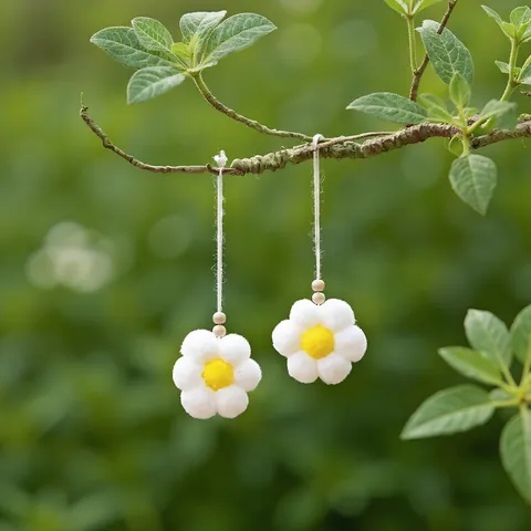 Handmade Pompom White Flower Pendant With Natural Wood Beads Soft Polyester Daisy Bag Charm Car Hanging Ornament Decorative Keyring Pendant