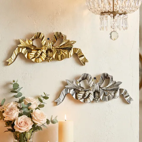 Nordic Vintage Gold Silver Ribbon Bow Wall Hanging Decor Resin Relief Flower Leaf Home Wall Art Decorative Ornament