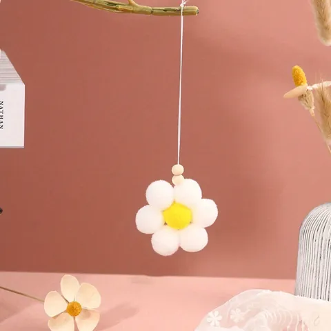 Handmade Pompom White Flower Pendant With Natural Wood Beads Soft Polyester Daisy Bag Charm Car Hanging Ornament Decorative Keyring Pendant