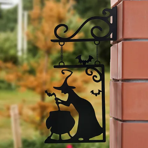 Halloween Witch Brewing Iron Hanging Decoration Black Forest Deer Silhouette Wall Art Metal Witch Cauldron Bat Sign Indoor Outdoor Garden Home Wall Decor