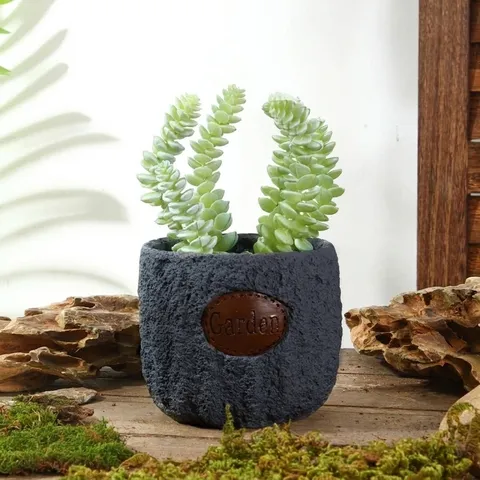 Planta Suculenta Artificial en Maceta de Resina Moderno Minimalista Textura Imitación Cemento Maceta Cilíndrica para Decoración Mesa Hogar Oficina