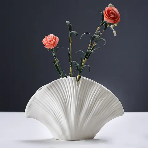 Modern Minimalistisch Schelpvormige Hars Vaas Ribbeltextuur Sint-jakobsschelp Ontwerp Bloemenvaas Voor Woonkamer Entree Bureau Decoratie Huis