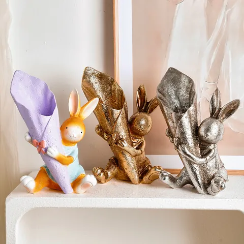 Creative Easter Bunny Holding Bouquet Vase Resin Cute Rabbit Figurine Home Desktop Decoration Flower Pot Ornament Holiday Gift