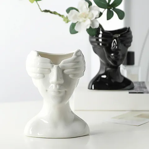 Nordisch Abstraktes Menschenporträt Harz Vase Blindfolded Kopf Skulptur Moderne Kunst Blumenvase Für Haus Dekor Hotel Showroom Schwarz Weiß