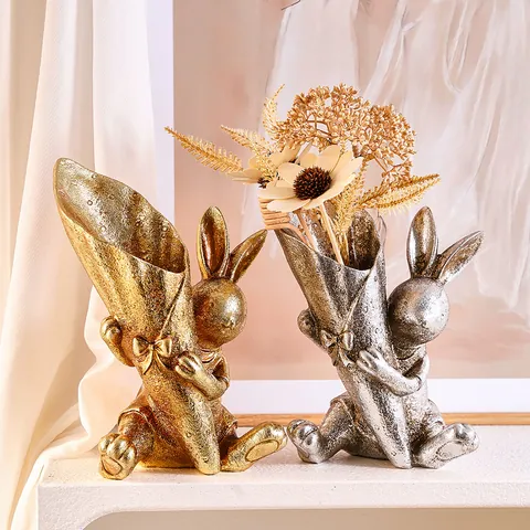 Creative Easter Bunny Holding Bouquet Vase Resin Cute Rabbit Figurine Home Desktop Decoration Flower Pot Ornament Holiday Gift