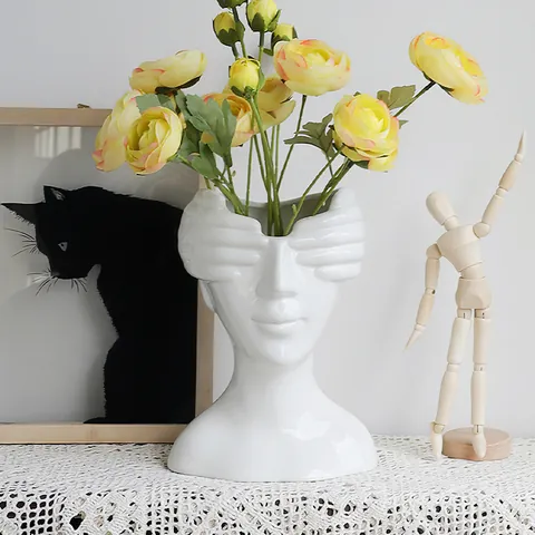 Nordisch Abstraktes Menschenporträt Harz Vase Blindfolded Kopf Skulptur Moderne Kunst Blumenvase Für Haus Dekor Hotel Showroom Schwarz Weiß