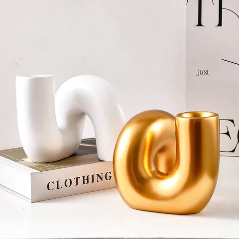 Vase Artistique Moderne en Résine à Tuyau Courbé Minimaliste Style Ins Forme de U Vase à Fleurs Géométrique Décor de Bureau Ornement pour Maison Bureau