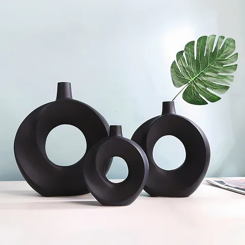 Florero de Dona Hueca de Resina Minimalista Nórdico Jarrón Decorativo Geométrico Moderno para Hogar Sala de Estar Mesa de Café Oficina Decoración