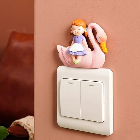 Fairy Tale Swan Girl Resin Ornament Cute Girl Figurine Light Switch Sticker Wall Decor Kids Room Decoration Home Crafts