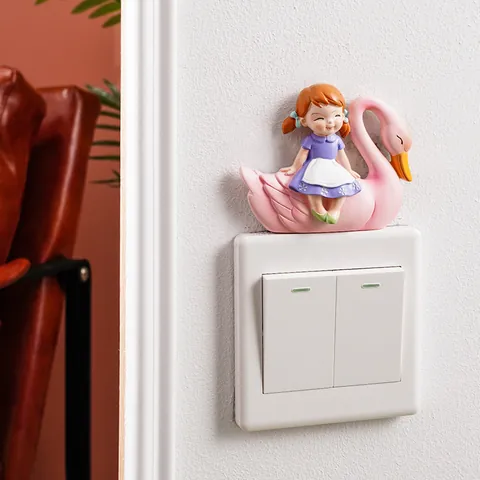 Fairy Tale Swan Girl Resin Ornament Cute Girl Figurine Light Switch Sticker Wall Decor Kids Room Decoration Home Crafts