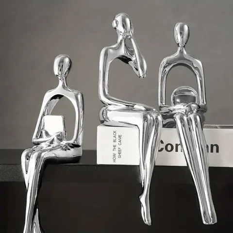 Modern Abstract Figure Resin Ornament Electroplated Silver Thinker Statue Creative Sitting Character Home Decor For Living Room Office
