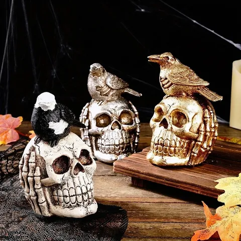 Halloween Horror Crow On Skull Sculpture Resin Antique Finish Gothic Desktop Ornament For Halloween Party Home Decor