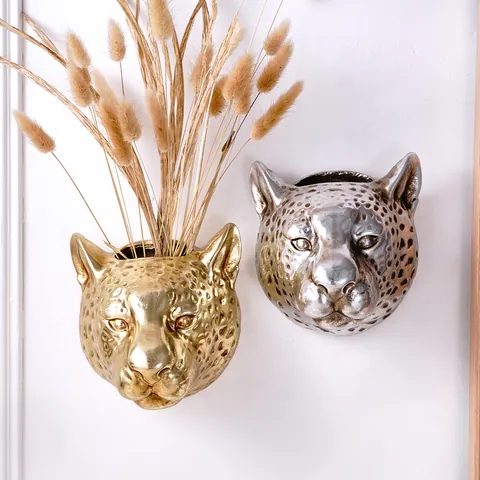 Modern Luxury Leopard Head Wall Mounted Vase Animal Head Wall Decor Resin Gold Silver Foil Plant Pot Home Art Ornament
