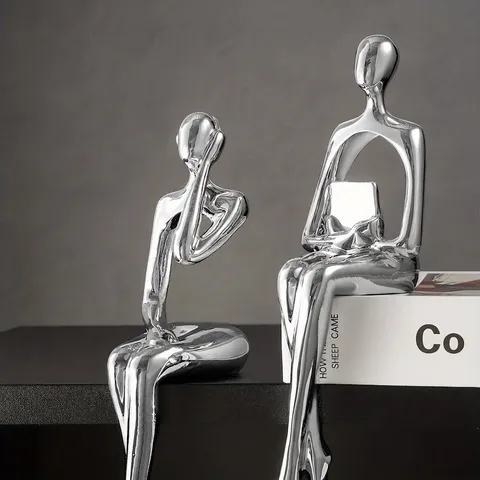 Modern Abstract Figure Resin Ornament Electroplated Silver Thinker Statue Creative Sitting Character Home Decor For Living Room Office