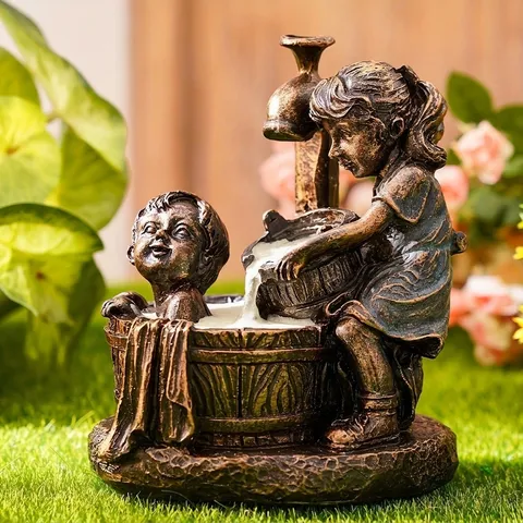 Estatua de Jardín de Niño Y Niña Escultura de Resina Con Agua Corriente Y Luz Bronce Antiguo Decoración de Arte de Patio Adorno de Jardín Exterior