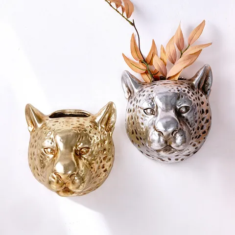 Modern Luxury Leopard Head Wall Mounted Vase Animal Head Wall Decor Resin Gold Silver Foil Plant Pot Home Art Ornament
