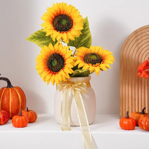 Artificial Sunflower Stems Fake PVC Dried Silk Flower Floral Bouquet For Autumn Thanksgiving Home Living Room Kitchen Wedding Decor