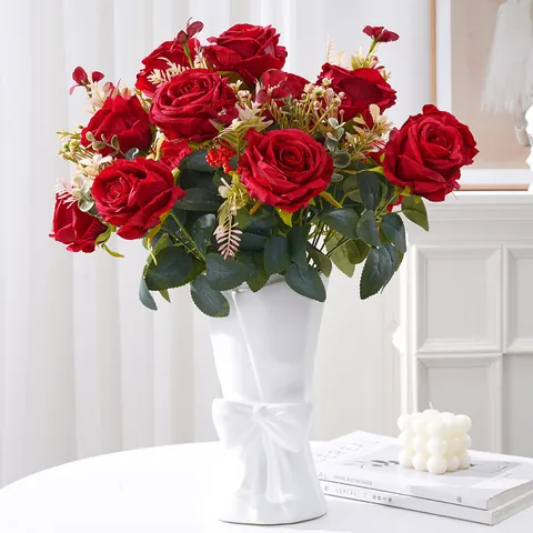 Bouquet de Roses Artificielles Multitêtes Fleurs en Soie et Plastique pour Mariage Fête DIY Maison Table Décoration Florale