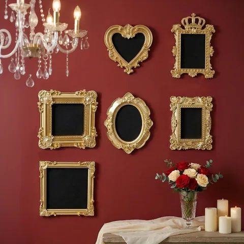 Juego de Decoración de Pared de Resina Dorada Vintage Europeo Marco de Fotos en Relieve Estilo Barroco de Lujo para Sala de Estar Dormitorio Letreros Colgantes Adornos