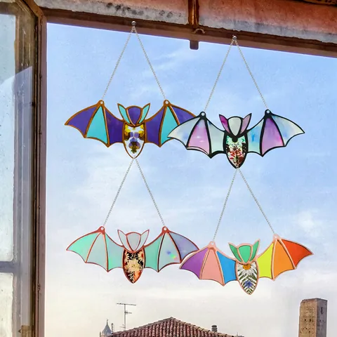 Halloween Acrylic Bat Moon Cat Dog Hanging Pendant Stained Glass Style Suncatcher Bar Haunted House Decor Prop
