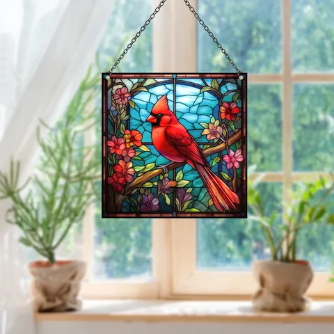 Atrapasol de Acrílico Estilo Vidriera Pájaro Cardenal Decoración Colgante para Ventana Adorno de Pájaro Pintado para Hogar Jardín Pared