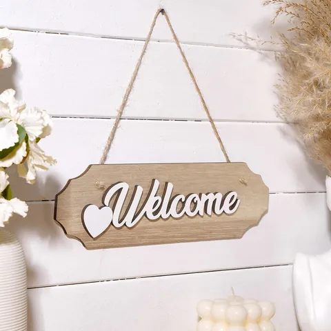 Natural Wood Welcome Sign With 3D White Letters And Heart Hanging Door Plaque Rustic Wall Decor For Home Cafe Shop