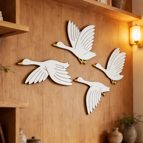 Moderne Ensemble Décoration Murale en Bois Oie Sauvage Volante Minimaliste Blanc Or Ornement Suspendu pour Salon Maison Art
