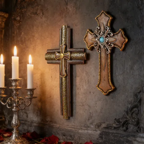 Decoración de Pared Cruz Gótica Europea Resina Relieve Vintage Ornamento Religioso Colgante para Hogar Dormitorio Baño Marrón Bronce