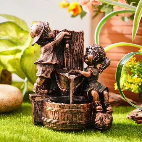 Vintage Distressed Boy And Girl Playing With Water Garden Statues Resin Outdoor Sculpture Patio Yard Lawn Ornament Decor Gift