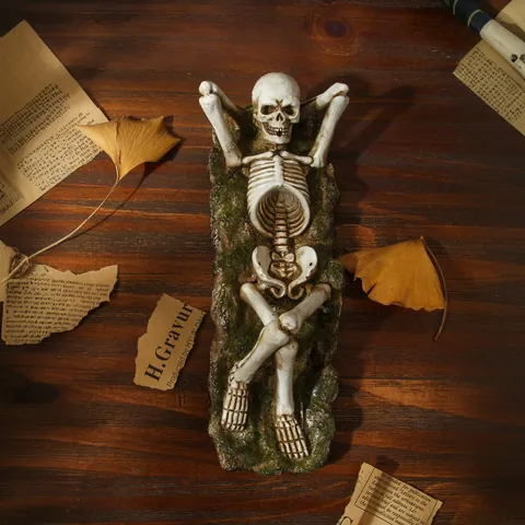Gothic Lying Down Skeleton Incense Holder Resin Mossy Rock Base Vintage Home Desktop Decor Halloween Ornament Gift