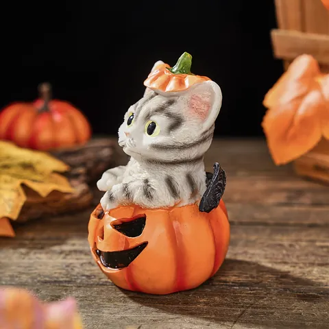 Halloween Resin Gray Cat Pumpkin Bucket Ornament Cute Animal Bat Wings Desk Figurine Table Sculpture Spooky Holiday Home Decorations Gift
