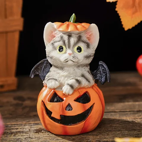 Halloween Resin Gray Cat Pumpkin Bucket Ornament Cute Animal Bat Wings Desk Figurine Table Sculpture Spooky Holiday Home Decorations Gift
