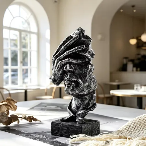 Escultura de Busto de Retrato Abstracto Moderno Resina Adorno de Arte Silencioso Textura Metálica de Plata Envejecida Figurilla para Estudio Oficina Hogar