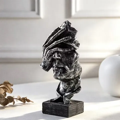 Escultura de Busto de Retrato Abstracto Moderno Resina Adorno de Arte Silencioso Textura Metálica de Plata Envejecida Figurilla para Estudio Oficina Hogar