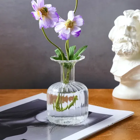 Minimalist Ribbed Glass Vase Vintage Ink Bottle Shape Transparent Small Mouth Flower Vase Home Table Decor Accents