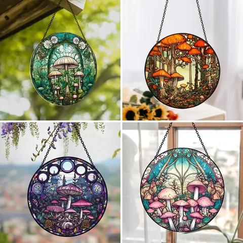 Acrylic Stained Glass Style Hanging Ornament Mushroom Fairy Owl Lighthouse Halloween Wall Window Decoration With Metal Chain