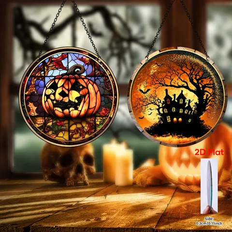 Halloween Buntglas-Stil Acryl Rund Hängeornament Doppelseitig Kürbis Schwarze Katze Lebensbaum Dekor Für Fenster Heim Tür