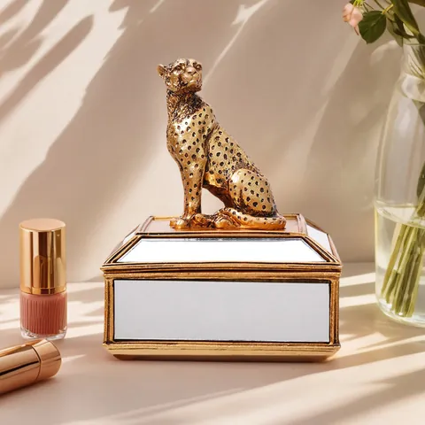 Luxus Gold Leopard Spiegel Schmuckschatulle Harz Tierfigur Desktop Aufbewahrungsbox Make-up Pinsel Organizer Vintage Home Dekor