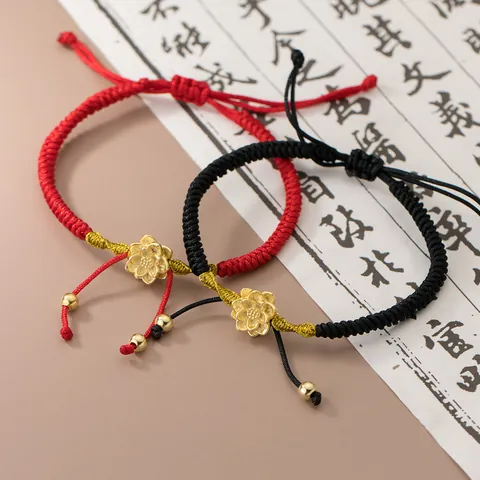 Handmade Woven Lotus Tassel Bracelet 925 Sterling Silver Gold Plated Beads Adjustable Red Black String Bracelet For Women Jewelry