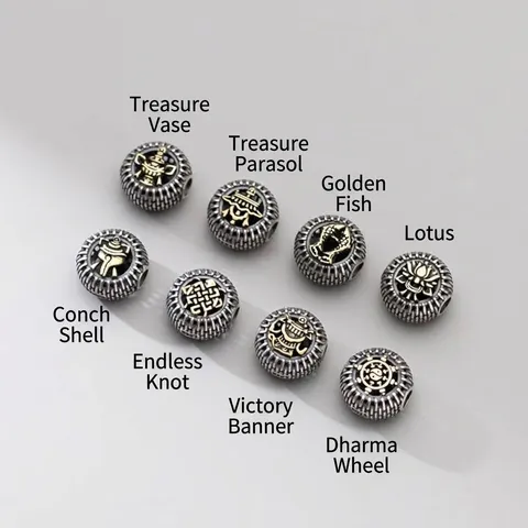 Perles d'Espacement Creuses en Argent Sterling S925 Style Tibétain Rétro Oxydé Huit Symboles Auspicieux Perles en Vrac Pour Création de Bijoux DIY